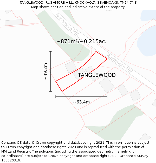 TANGLEWOOD, RUSHMORE HILL, KNOCKHOLT, SEVENOAKS, TN14 7NS: Plot and title map