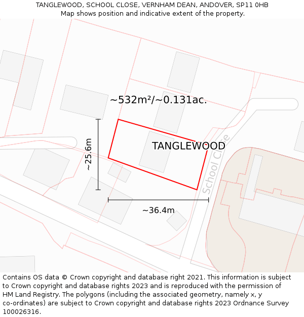 TANGLEWOOD, SCHOOL CLOSE, VERNHAM DEAN, ANDOVER, SP11 0HB: Plot and title map
