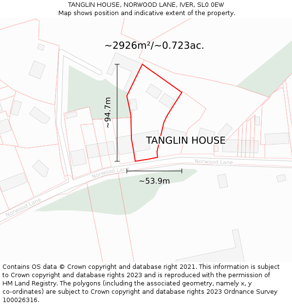 TANGLIN HOUSE, NORWOOD LANE, IVER, SL0 0EW: Plot and title map