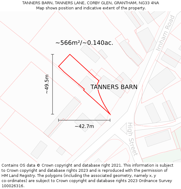 TANNERS BARN, TANNERS LANE, CORBY GLEN, GRANTHAM, NG33 4NA: Plot and title map