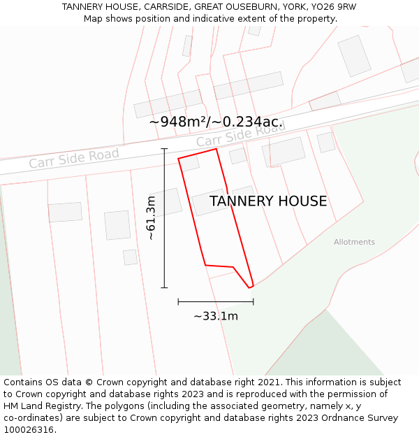 TANNERY HOUSE, CARRSIDE, GREAT OUSEBURN, YORK, YO26 9RW: Plot and title map