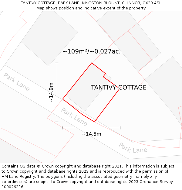 TANTIVY COTTAGE, PARK LANE, KINGSTON BLOUNT, CHINNOR, OX39 4SL: Plot and title map