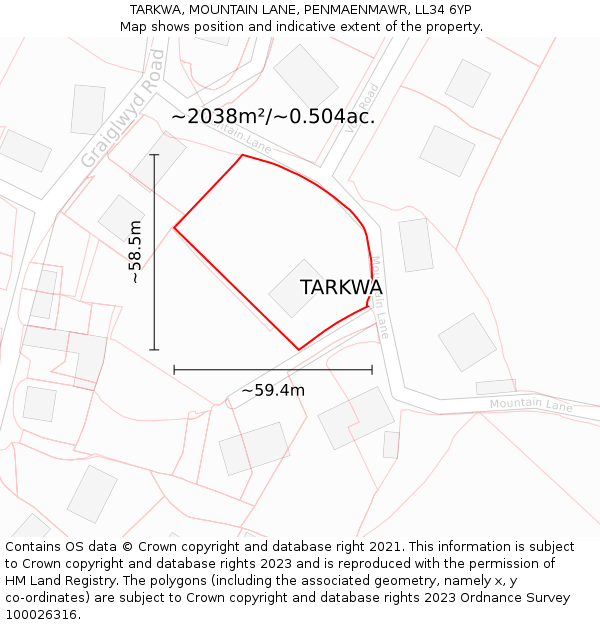 TARKWA, MOUNTAIN LANE, PENMAENMAWR, LL34 6YP: Plot and title map