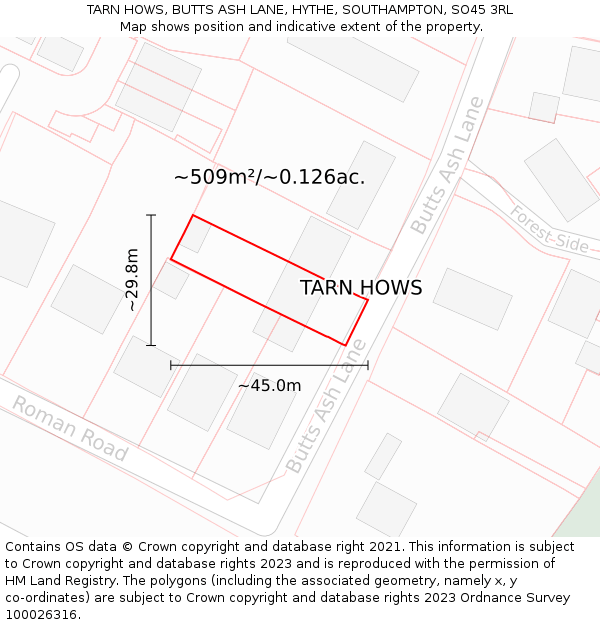 TARN HOWS, BUTTS ASH LANE, HYTHE, SOUTHAMPTON, SO45 3RL: Plot and title map