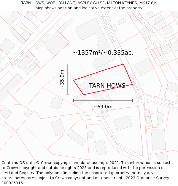 TARN HOWS, WOBURN LANE, ASPLEY GUISE, MILTON KEYNES, MK17 8JN: Plot and title map