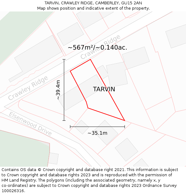 TARVIN, CRAWLEY RIDGE, CAMBERLEY, GU15 2AN: Plot and title map