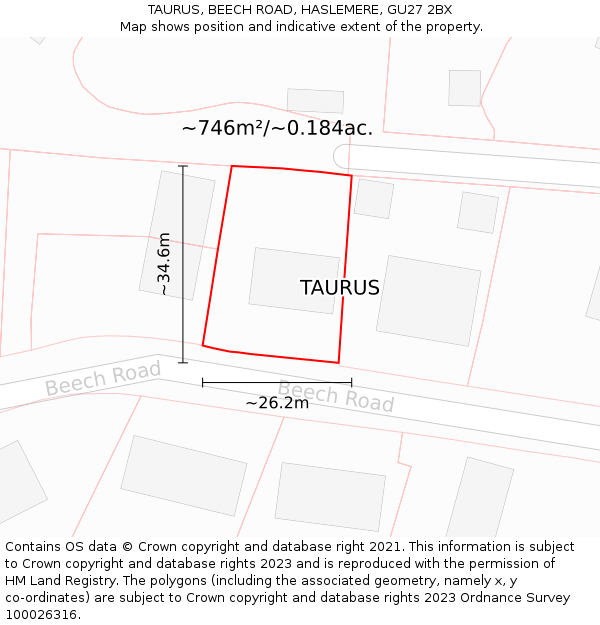 TAURUS, BEECH ROAD, HASLEMERE, GU27 2BX: Plot and title map