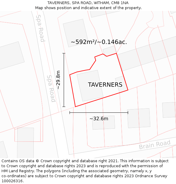 TAVERNERS, SPA ROAD, WITHAM, CM8 1NA: Plot and title map