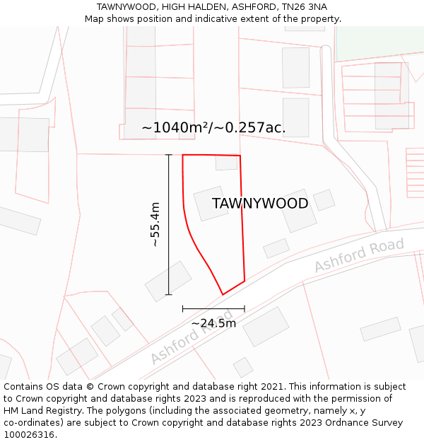 TAWNYWOOD, HIGH HALDEN, ASHFORD, TN26 3NA: Plot and title map