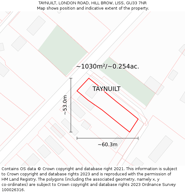 TAYNUILT, LONDON ROAD, HILL BROW, LISS, GU33 7NR: Plot and title map