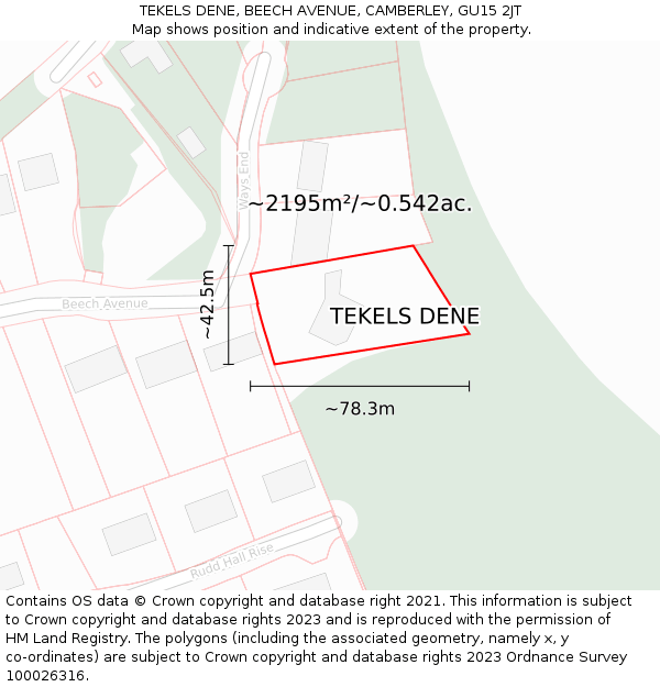 TEKELS DENE, BEECH AVENUE, CAMBERLEY, GU15 2JT: Plot and title map