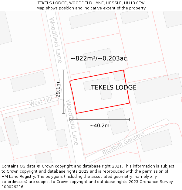 TEKELS LODGE, WOODFIELD LANE, HESSLE, HU13 0EW: Plot and title map