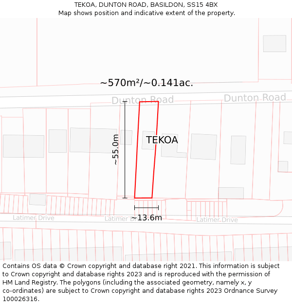 TEKOA, DUNTON ROAD, BASILDON, SS15 4BX: Plot and title map