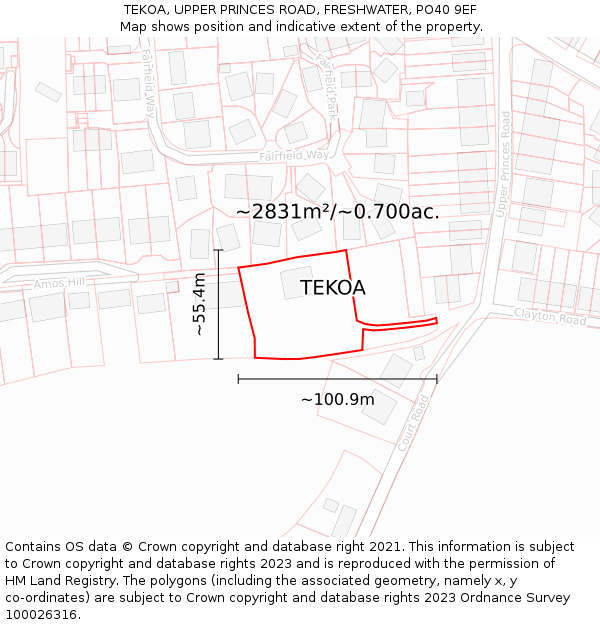 TEKOA, UPPER PRINCES ROAD, FRESHWATER, PO40 9EF: Plot and title map