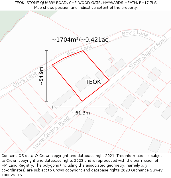 TEOK, STONE QUARRY ROAD, CHELWOOD GATE, HAYWARDS HEATH, RH17 7LS: Plot and title map