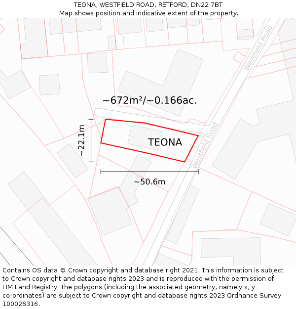 TEONA, WESTFIELD ROAD, RETFORD, DN22 7BT: Plot and title map