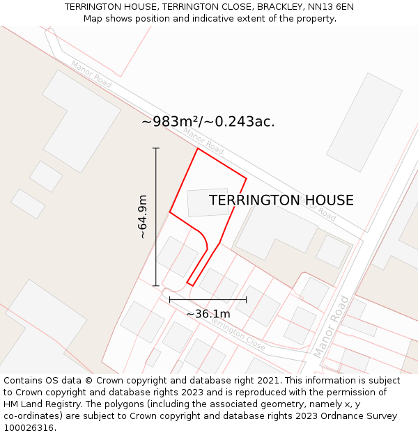 TERRINGTON HOUSE, TERRINGTON CLOSE, BRACKLEY, NN13 6EN: Plot and title map