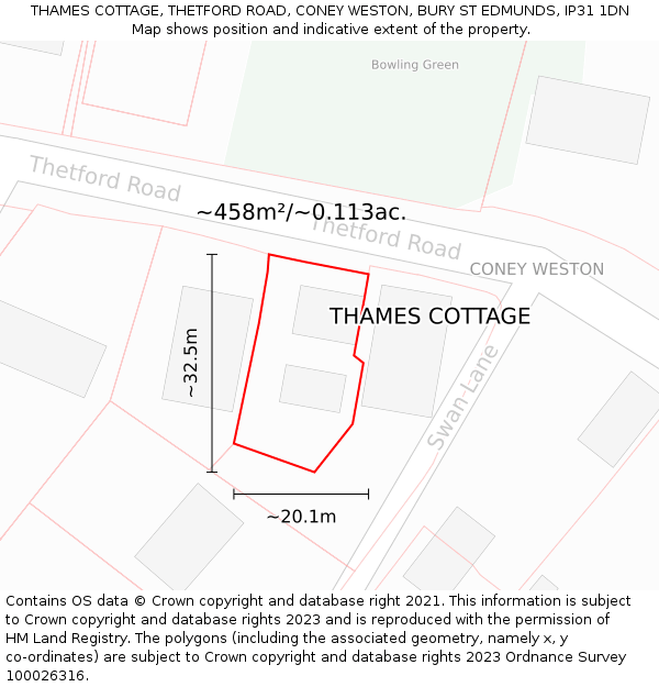 THAMES COTTAGE, THETFORD ROAD, CONEY WESTON, BURY ST EDMUNDS, IP31 1DN: Plot and title map