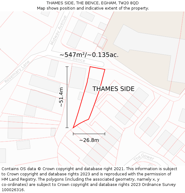 THAMES SIDE, THE BENCE, EGHAM, TW20 8QD: Plot and title map