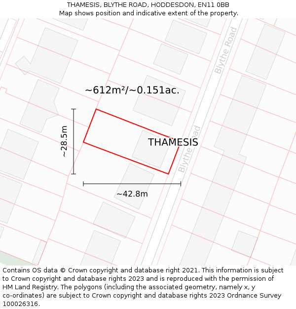 THAMESIS, BLYTHE ROAD, HODDESDON, EN11 0BB: Plot and title map