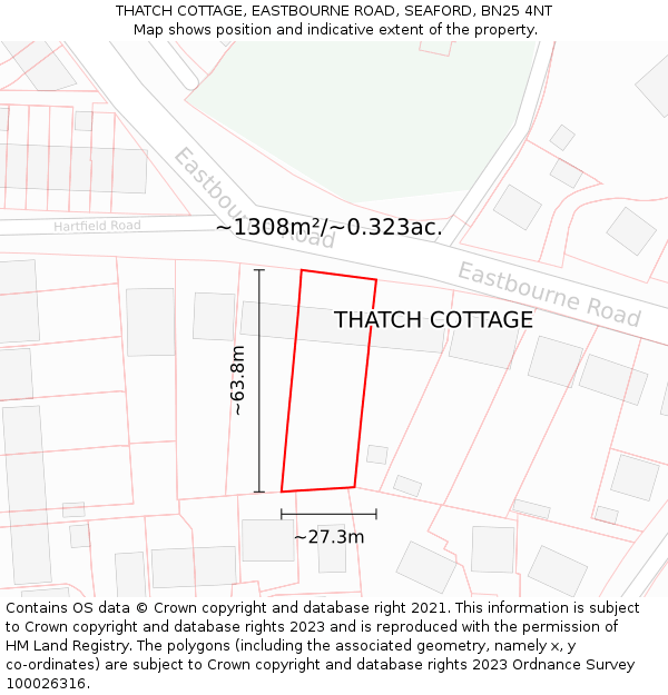 THATCH COTTAGE, EASTBOURNE ROAD, SEAFORD, BN25 4NT: Plot and title map