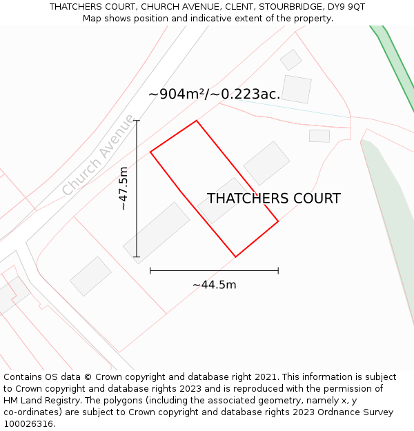 THATCHERS COURT, CHURCH AVENUE, CLENT, STOURBRIDGE, DY9 9QT: Plot and title map