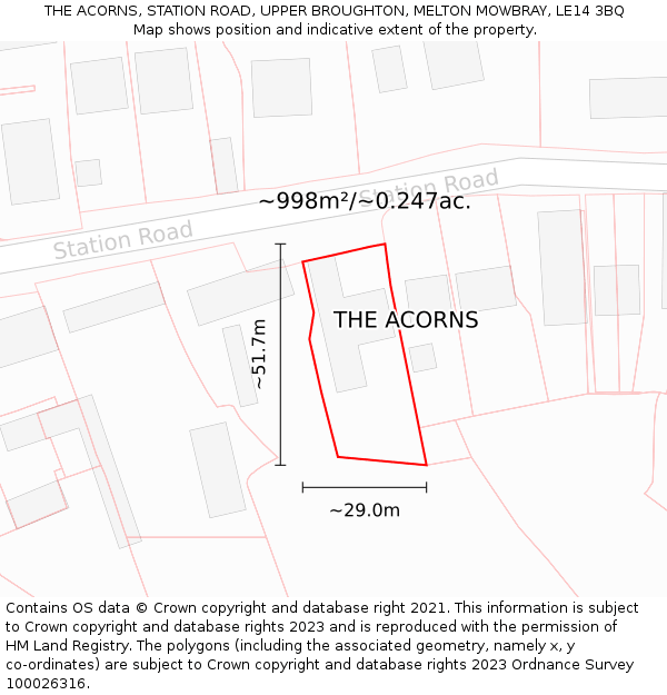 THE ACORNS, STATION ROAD, UPPER BROUGHTON, MELTON MOWBRAY, LE14 3BQ: Plot and title map