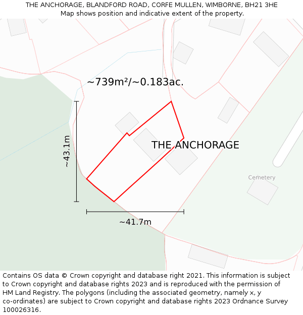 THE ANCHORAGE, BLANDFORD ROAD, CORFE MULLEN, WIMBORNE, BH21 3HE: Plot and title map