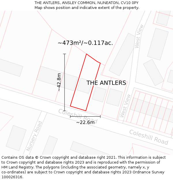 THE ANTLERS, ANSLEY COMMON, NUNEATON, CV10 0PY: Plot and title map