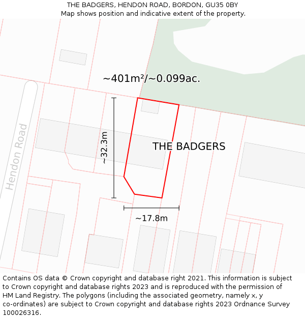 THE BADGERS, HENDON ROAD, BORDON, GU35 0BY: Plot and title map