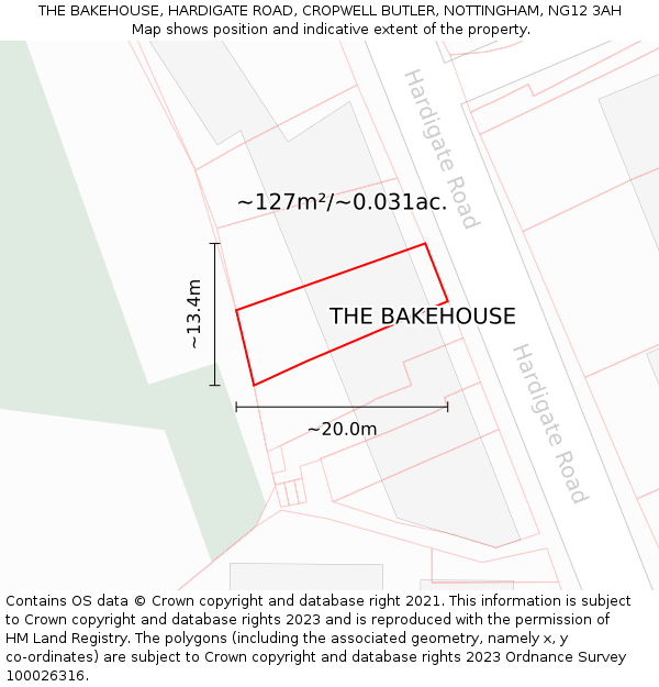 THE BAKEHOUSE, HARDIGATE ROAD, CROPWELL BUTLER, NOTTINGHAM, NG12 3AH: Plot and title map