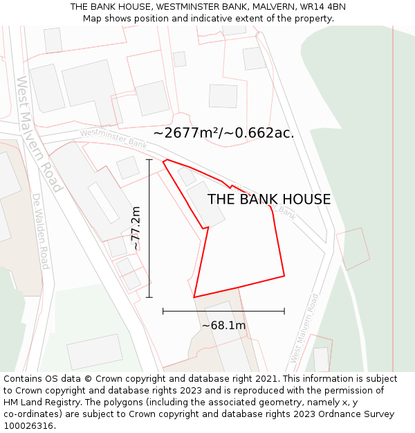 THE BANK HOUSE, WESTMINSTER BANK, MALVERN, WR14 4BN: Plot and title map