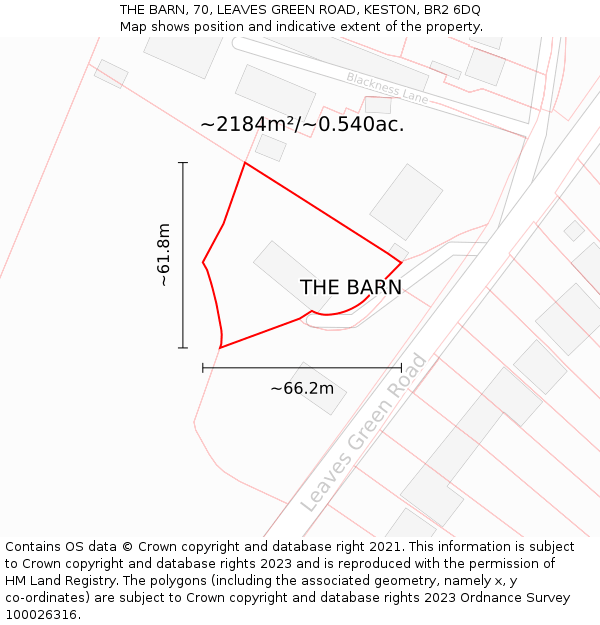 THE BARN, 70, LEAVES GREEN ROAD, KESTON, BR2 6DQ: Plot and title map