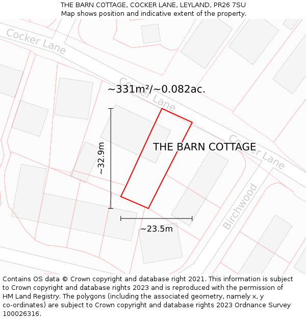 THE BARN COTTAGE, COCKER LANE, LEYLAND, PR26 7SU: Plot and title map