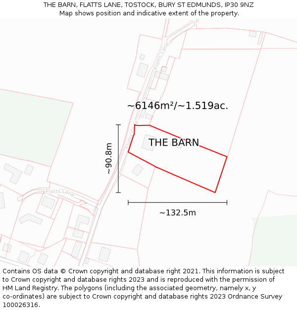 THE BARN, FLATTS LANE, TOSTOCK, BURY ST EDMUNDS, IP30 9NZ: Plot and title map