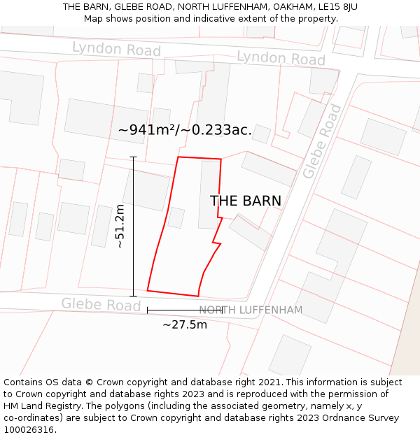 THE BARN, GLEBE ROAD, NORTH LUFFENHAM, OAKHAM, LE15 8JU: Plot and title map