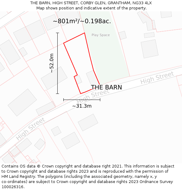 THE BARN, HIGH STREET, CORBY GLEN, GRANTHAM, NG33 4LX: Plot and title map