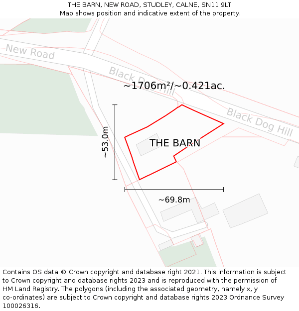 THE BARN, NEW ROAD, STUDLEY, CALNE, SN11 9LT: Plot and title map