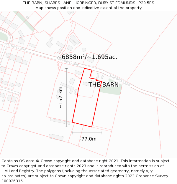 THE BARN, SHARPS LANE, HORRINGER, BURY ST EDMUNDS, IP29 5PS: Plot and title map