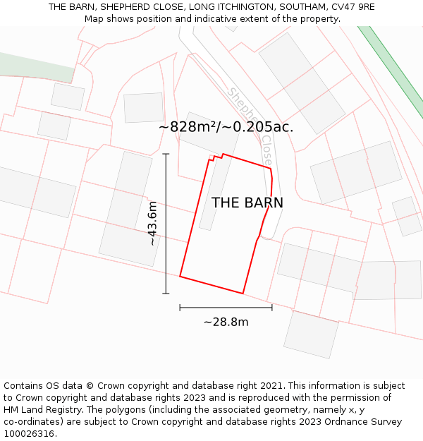 THE BARN, SHEPHERD CLOSE, LONG ITCHINGTON, SOUTHAM, CV47 9RE: Plot and title map