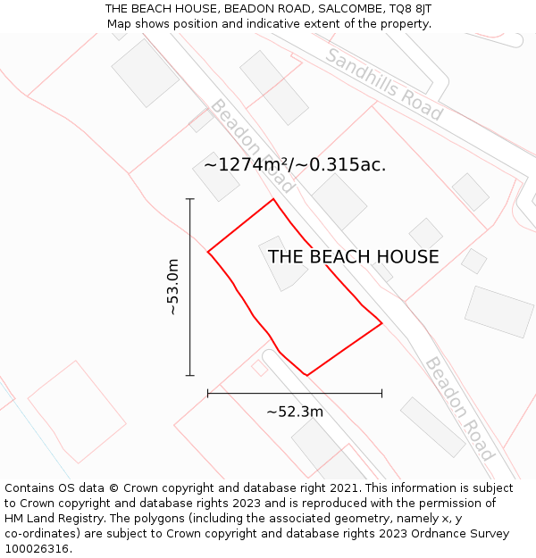 THE BEACH HOUSE, BEADON ROAD, SALCOMBE, TQ8 8JT: Plot and title map