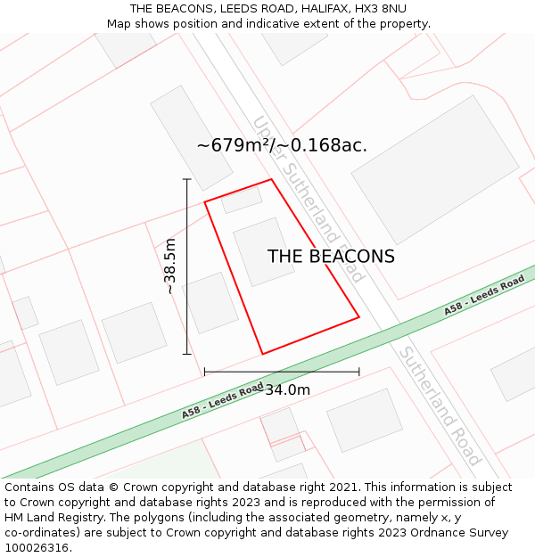 THE BEACONS, LEEDS ROAD, HALIFAX, HX3 8NU: Plot and title map