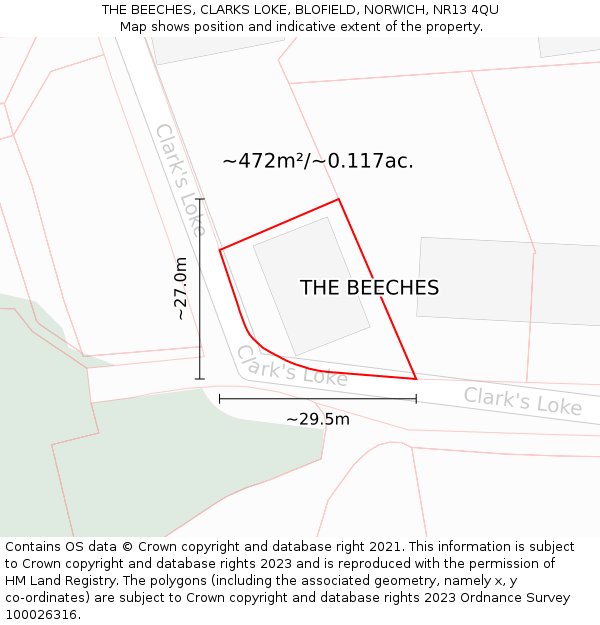 THE BEECHES, CLARKS LOKE, BLOFIELD, NORWICH, NR13 4QU: Plot and title map
