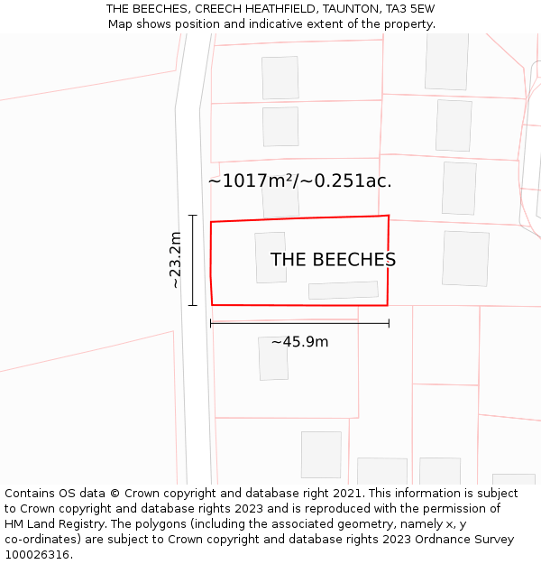 THE BEECHES, CREECH HEATHFIELD, TAUNTON, TA3 5EW: Plot and title map