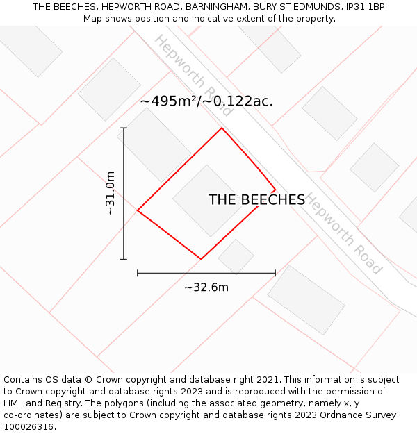 THE BEECHES, HEPWORTH ROAD, BARNINGHAM, BURY ST EDMUNDS, IP31 1BP: Plot and title map