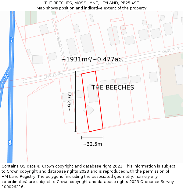 THE BEECHES, MOSS LANE, LEYLAND, PR25 4SE: Plot and title map