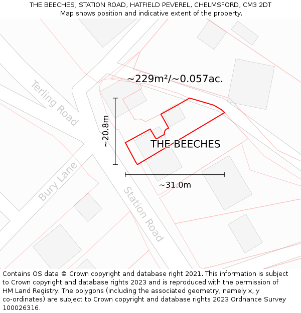 THE BEECHES, STATION ROAD, HATFIELD PEVEREL, CHELMSFORD, CM3 2DT: Plot and title map