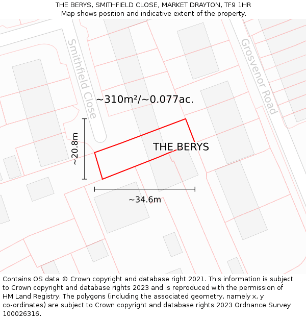 THE BERYS, SMITHFIELD CLOSE, MARKET DRAYTON, TF9 1HR: Plot and title map