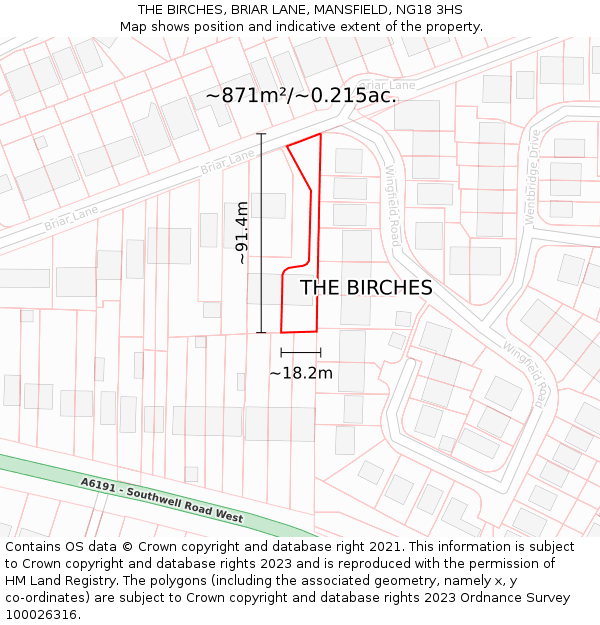 THE BIRCHES, BRIAR LANE, MANSFIELD, NG18 3HS: Plot and title map