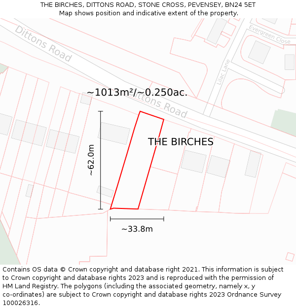 THE BIRCHES, DITTONS ROAD, STONE CROSS, PEVENSEY, BN24 5ET: Plot and title map